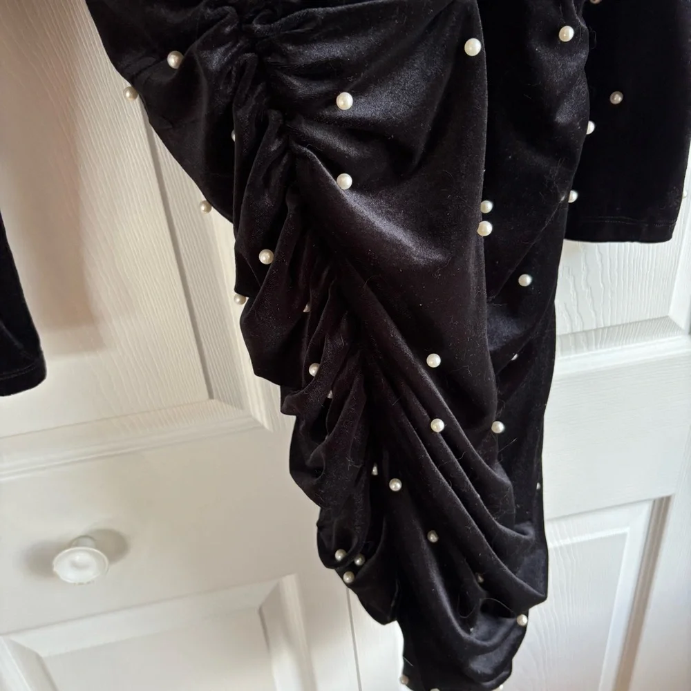 Eloquii Black White Pearl Embellished Bodycon Velvet Mini Dress 16 Long Sleeve - Picture 5 of 9